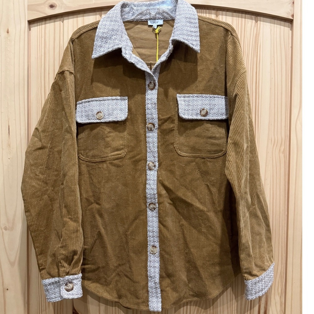 VOY Lexie Cord Shacket Camel Brown Corduroy Tweed Trim Shirt Jacket Large NEW